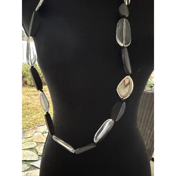 Chicos Faux Black Stone Silver Tone 19" Long Statement Necklace NEW - Picture 2 of 15